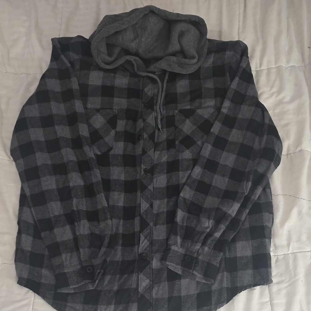 Black and Gray Plaid Hooded Shirt